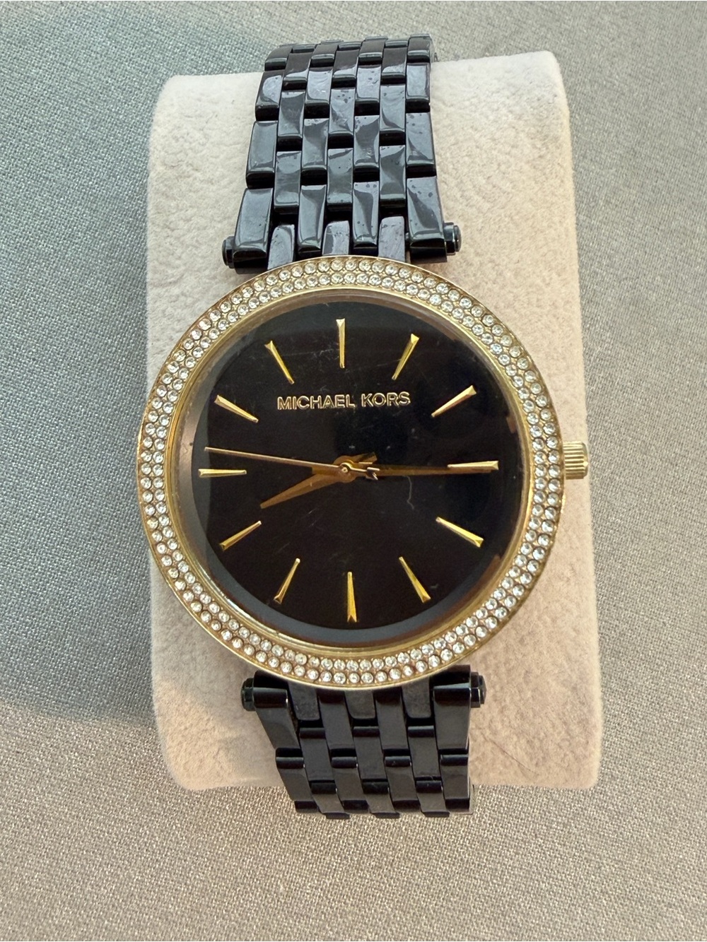 Michael Kors Black Dial Black Bracelet Watch with Gold Accents and Crystal Bezel